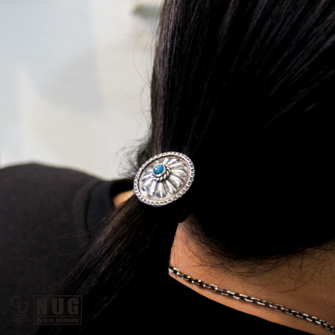 キャンデラリア ターコイズ シルバー ハンドメイド スタンピング コンチョヘアゴム