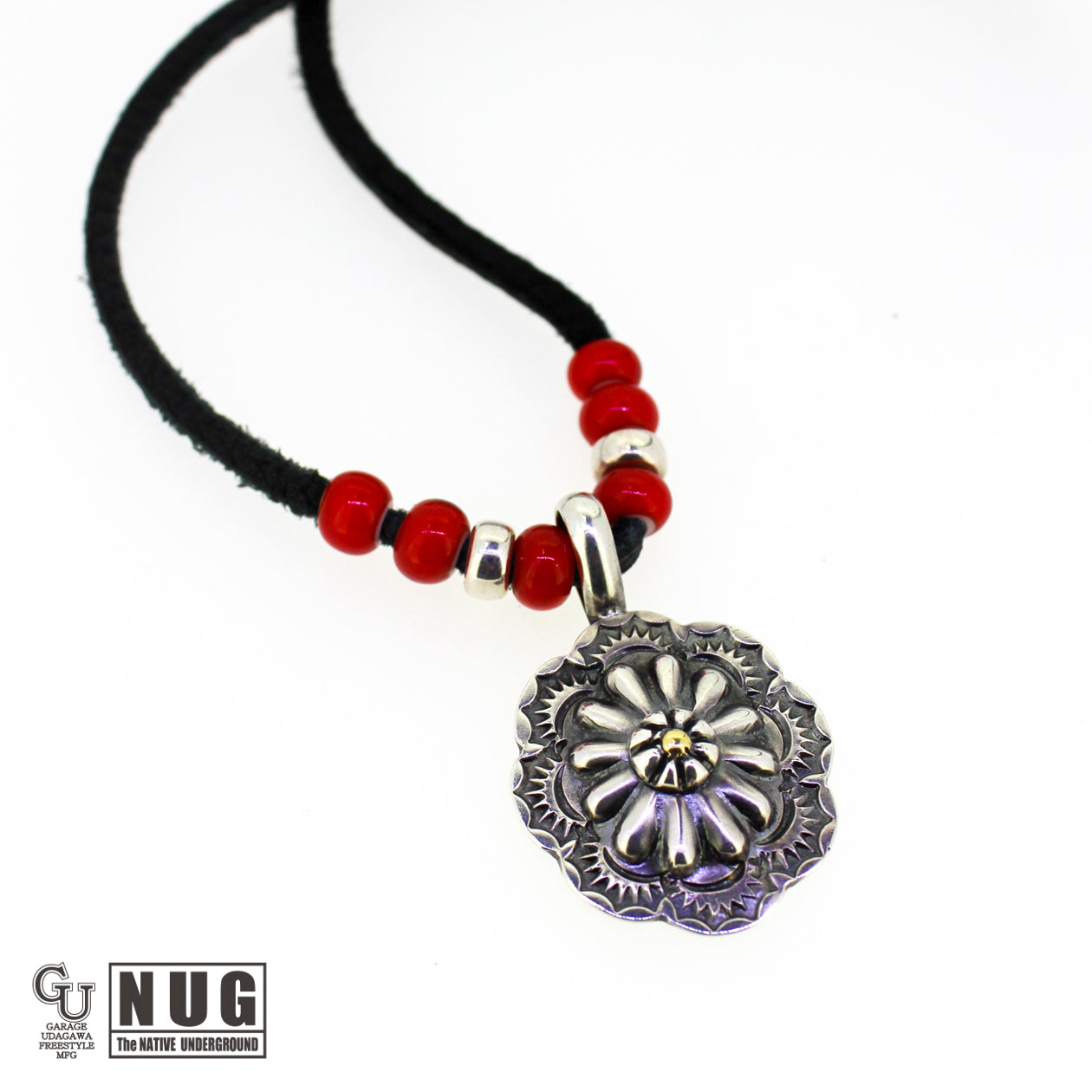 シルバー & K18 スタンピング フラワー ディアスキン ネックレス